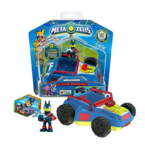 METAZELLS Imc toys METAZELLS Slicer Trasher Blauw + figuur Bark karakter S1 + 1 kaart, voertuig met zaag, speelgoedcadeau voor jongens en meisjes + 3 jaar