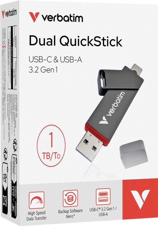 Verbatim Dual QuickStick USB Flash Drive - 1 TB - USB-A / USB-C 3.2 Gen 1 - Grey