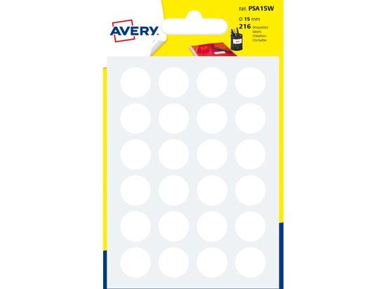 Merkloos Avery Etiket 15 mm rond blister 216 st wit
