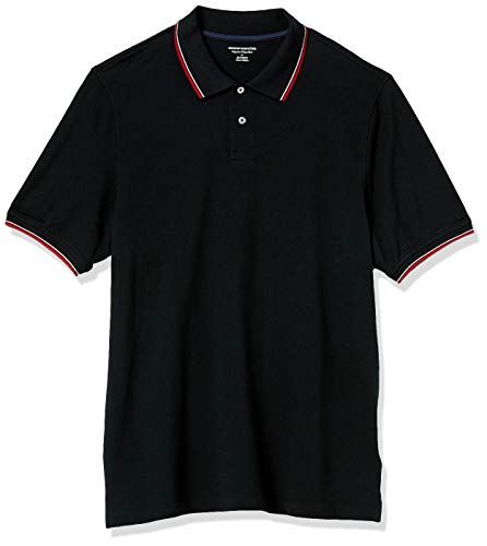Amazon Essentials Men's Pique Polo Shirt - Regular Fit - Black Red White Stripe - M