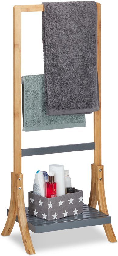 Relaxdays Handdoekenrek Bamboe - Handdoekhouder - Vrijstaand - 3 Roedes Met Plank - Hout