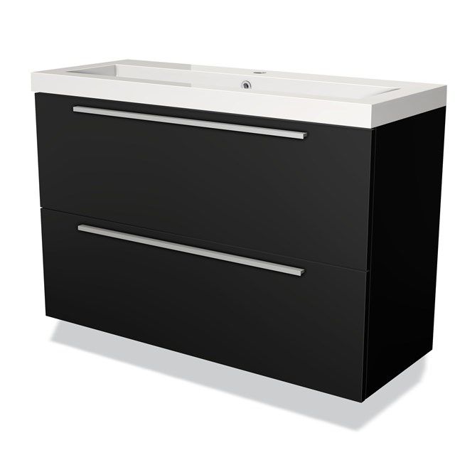 Maxaro Badkamermeubel 100cm Modulo Slim Mat Zwart 2 Lades Vlak Wastafel Mineraalmarmer