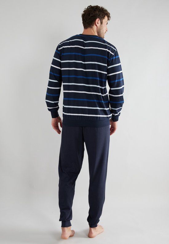 Götzburg heren pyjamaset lang boord stripe blauw