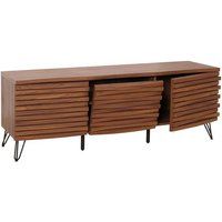 HWC-M49 TV-rek, lowboard TV-meubel, 3D-ontwerp opbergvakken, massief hout mangometaal 52x142x44cm ~ walnoot look