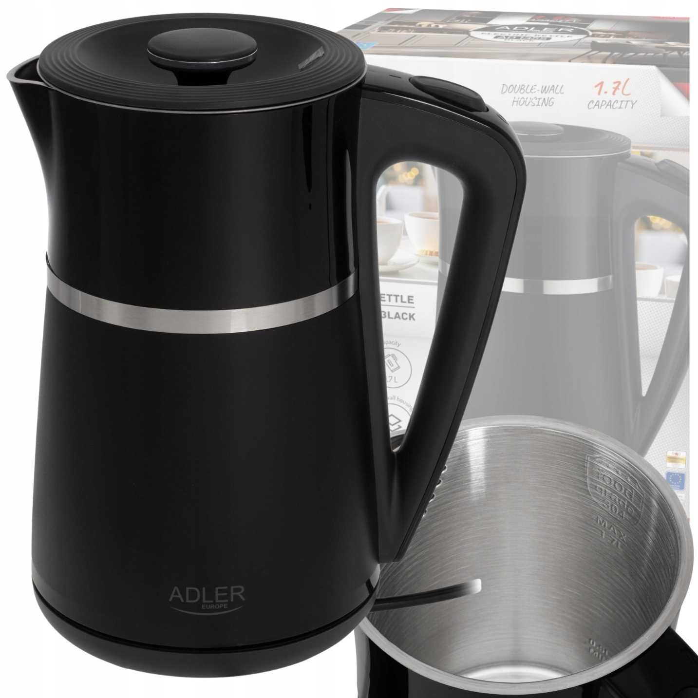 Adler AD 1355 1,7L Cool Touch elektrische waterkoker dubbelwandig roestvrijstalen binnenkant 2200W zwart