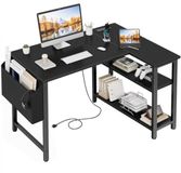 Merkloos PromoHome L-vormig computerbureau met oplaadstation en opbergplanken - Zwart