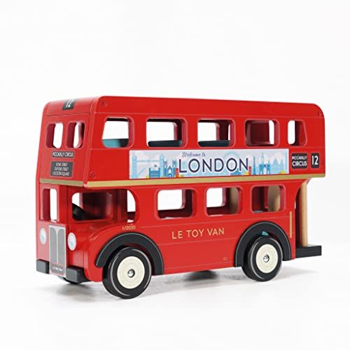 Budkins Rode dubbele decker-speelgoedbus met bestuurdersspeelfiguur.