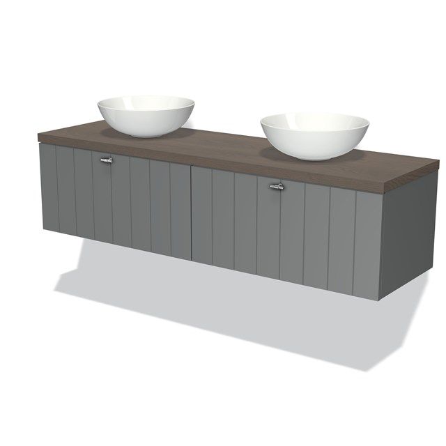 Maxaro Badkamermeubel voor Waskom 160cm Modulo Plato Middengrijs 2 Lades Lamel Donkerbruin Eiken Blad
