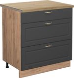 Vicco Fame-Line Meuble bas de cuisine – 80 cm avec 3 tiroirs, WB Chêne anthracite-or