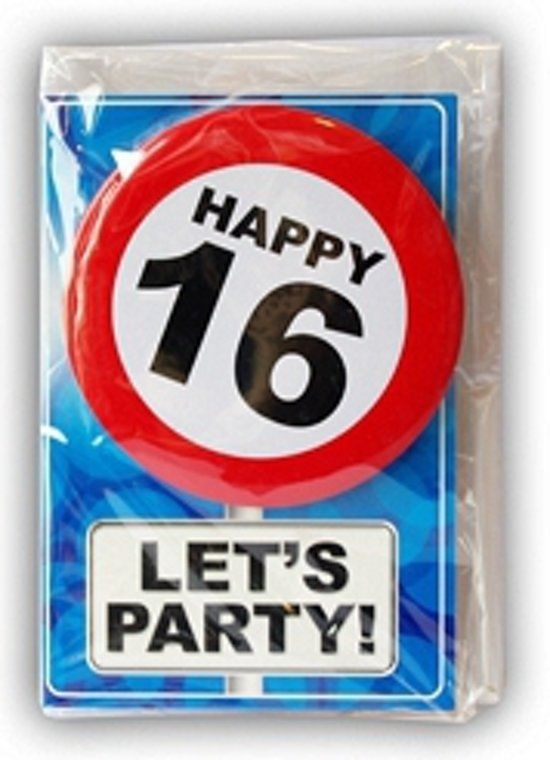 Panda - Happy Birthday kaart met button 16 jaar