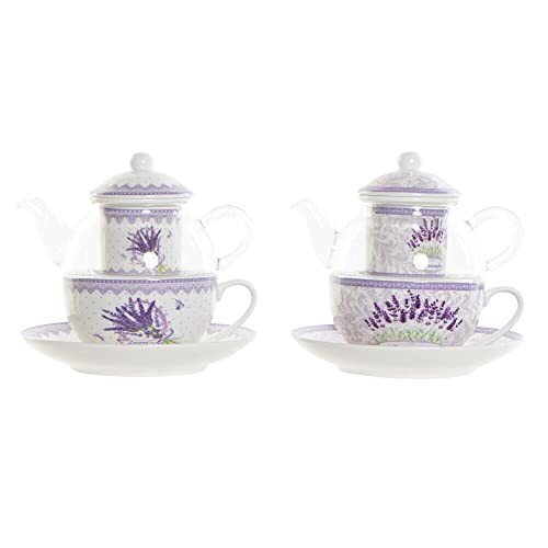 DKD Home Decor Theepot glas porselein paars wit lavendel (250 ml) (16,5 x 13,5 x 14 cm) (2 stuks) (referentie: S3026024)