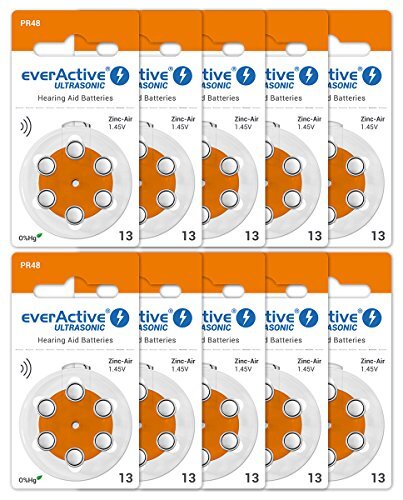 everActive 13, 60 stuks, gehoorapparaatbatterijen, hoge prestaties, zink-luchtbatterijen, 10 blisterkaarten, 4 jaar houdbaarheid, oranje, Ultrasonic PR48