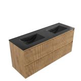 Saniclass Badkamermeubelset - 140x45x62cm - Vygo keramische wastafel zwart - 2 wasbakken - zonder kraangaten - 4 lades - mat eiken natural (hout) SW1420810/SW773934