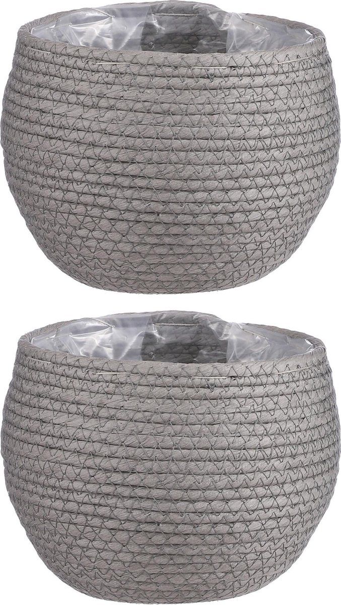 Mica Decorations 2x stuks naturel grijs rotan planten pot mand van gedraaid jute/riet H15 en D18 cm