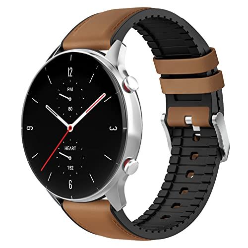 MoKo Strap Compatible with Amazfit GTR 4/GTR 3 Pro/GTR 3/GTR 2/GTR 2e/GTR 47mm/Stratos 3/Stratos 2, 22mm Hybrid Leather Silicone Replacement Sport Watch Band, Brown