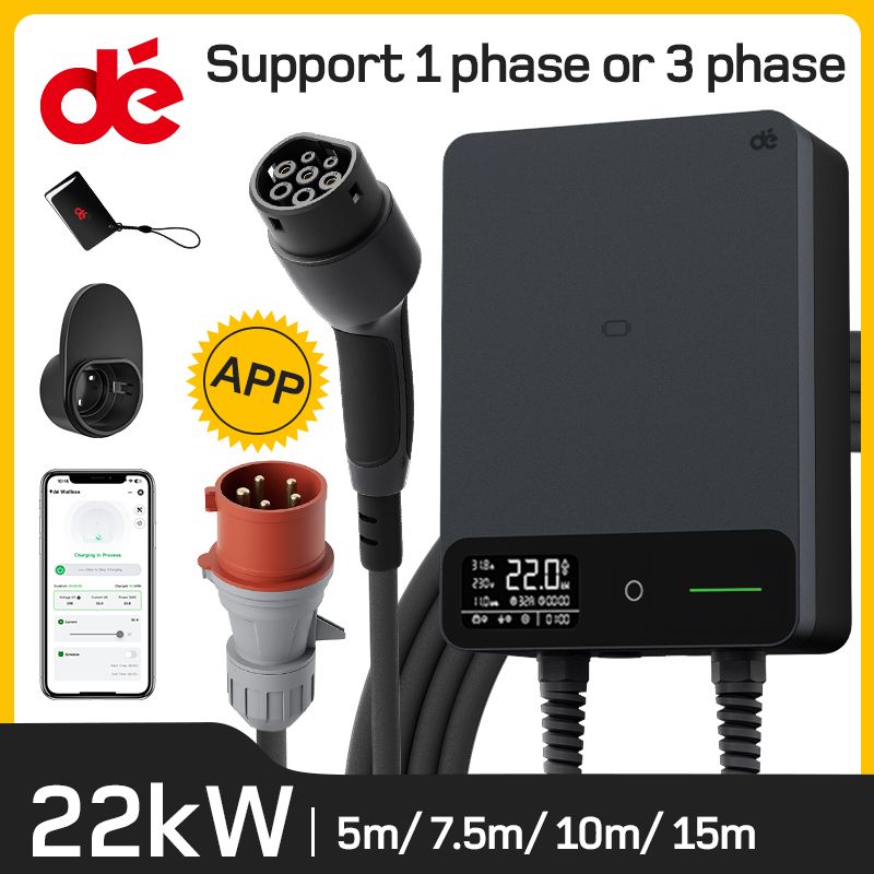 dé Wallbox 22kW 32A met APP, 230V Home oplaadstation, 5m 7,5 m 10m 15m oplaadkabel, CEE naar Type 2 EV oplader Zwart