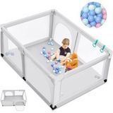 Costway - Parc bébé avec 2 poignées et 50 balles colorées, aire de jeu en maille respirante avec porte de sécurité, ventouses antidérapantes, clôture intérieur extérieur 120 x 190 x 68 cm, gris