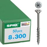 SPAX Roestvaststalen schroef, 8 x 300 mm, 50 stuks, Deeldraad, Verzonken kop, T-STAR plus T40, 4CUT, Roestvast staal A2-0197000803005
