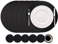 Cookinglife Placemats en onderleggers - Set van 12 - 6 ronde placemats - Ø38 cm - 6 ronde onderzetters - Ø10 cm - Dubbelzijdig - Vegan Lederlook - Zwart