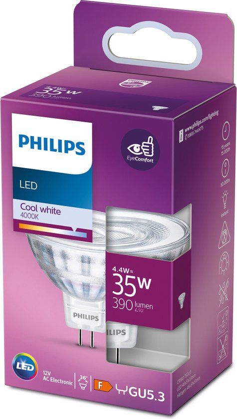 Philips GU5.3 Classic Spot LED - 4.4W - Koel Wit 4000K - 390 lm