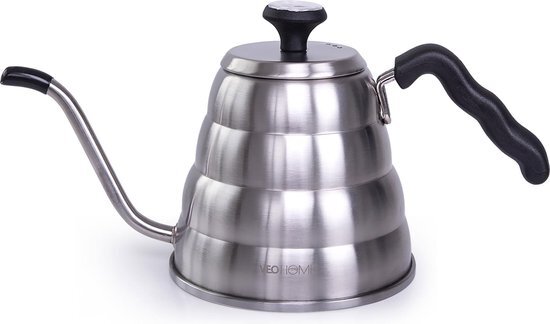 VeoHome Pour over koffiewaterkoker, zwanenhals, koffiepot, koffieketel, warmwaterketel, roestvrij staal, thermometer op het deksel, voor alle soorten fornuizen, duurzaam en eenvoudig te reinigen, 1 l