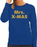 Bellatio Decorations Mrs. x-mas Foute Kersttrui sweater voor dames - blauw - met gouden glitter letters - kerstkleding / kerst outfit XS
