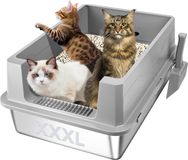 Merkloos Roestvrijstalen kattenbak met deksel en hoge wand, extra groot, grijs