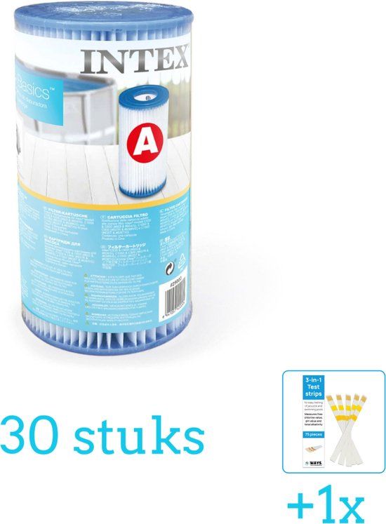 Intex Filter Cartridge - Type A - 30 Pack - Includes Test Strips - For Pumps 28604GS, 28636GS, 28638GS