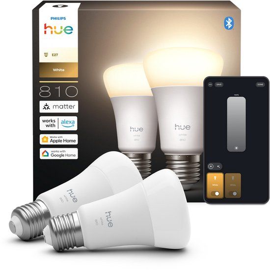 Philips Hue Slimme LED A60 lamp, Warm Wit Licht, E27 Fitting, 2-pack
