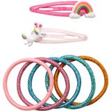 GRUSS & CO Haarsieradenset met motief "eenhoorn", cadeauset met 2 glitter-haarspelden en 5 haarelastiekjes, cadeau voor kinderverjaardag, schooltas, meisjes, 70125