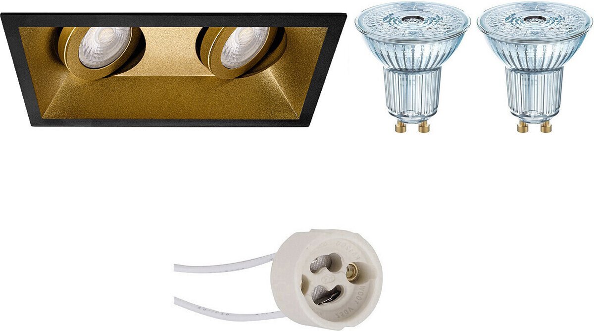 Qualu LED Spot Set - OSRAM Parathom PAR16 930 36D - Proma Zano Pro - GU10 Fitting - Dimbaar - Inbouw Rechthoek Dubbel - Mat Zwart/Goud - 3.7W - Warm Wit 3000K - Kantelbaar - 185x93mm