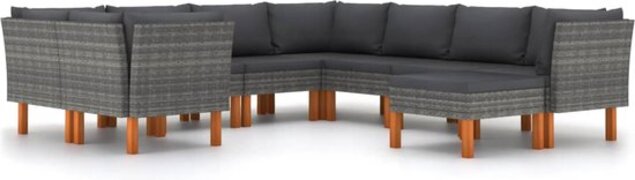 vidaXL 9-delige loungeset met kussens poly rattan grijs