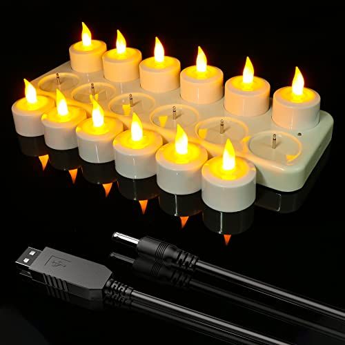 Ymenow USB oplaadbare kaarsen, 12 stks vlamloze oplaadbare LED theelichtjes batterij bediende kaarsen met oplaadstation, USB-oplaadkabel voor thuis Halloween kerst bruiloft decor
