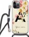 Case Company iPhone 13 Pro Max Hoesje met Koord - Flirty Flowers Monogram - Zwart Koord - Back Cover