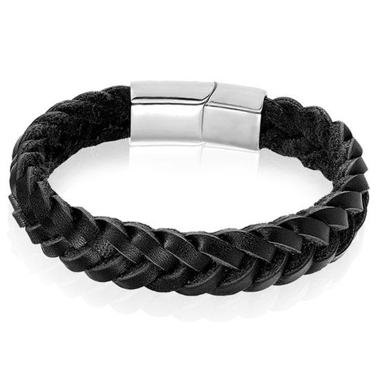 LGT JWLS LGT Jewels Heren armband Gevlochten Leer Edelstaal Zwart Zilverkleurig-23cm