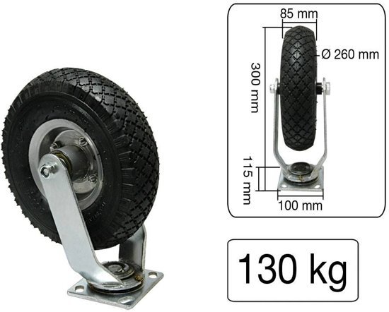 brokwielen Zwenkwiel met luchtband 3.00-4 260 x 85mm max. 130kg