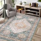 Zstar Tapijten, vuilafstotend, wasbaar tapijt, pluisvrije tapijten voor woonkamer slaapkamer antislip achterkant woondecoratie gebiedstapijt blauw groen 160 x 230 cm
