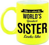 Bellatio Decorations Worlds Greatest Sister cadeau mok / beker neon geel 330 ml