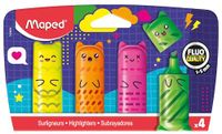 Maped - Set van 4 neon mini-markeerstiften - compact formaat in de vorm van kawaii figuren - levendige kleuren: geel, oranje, roze en groen