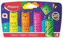 Maped - Set van 4 neon mini-markeerstiften - compact formaat in de vorm van kawaii figuren - levendige kleuren: geel, oranje, roze en groen