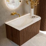 MONDIAZ KURVE-DLUX 85cm meuble de salle de bain avec module 25 R couleur Walnut avec 1 tiroir et 1 porte. Lavabo CLOUD gauche sans trou pour robinet couleur Ostra.