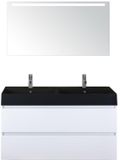 BES LED Maxx XL Badmeubelset 120 cm - Wit Hoogglans - Wastafel Kube Dubbel Zwart 2 Kraangaten met LED Spiegel
