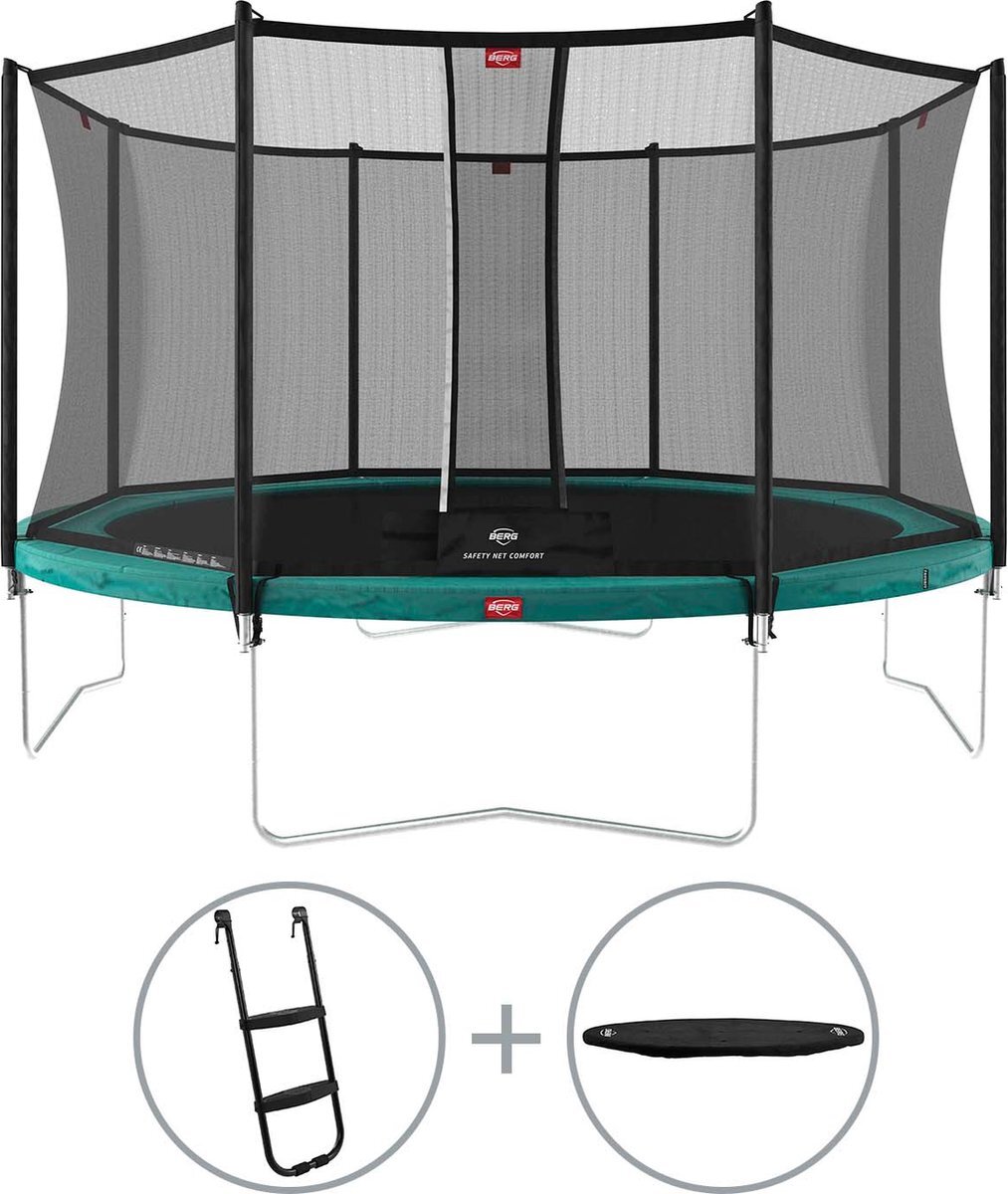 Berg Favorit ronde trampoline op poten 430cm met veiligheidsnet Comfort grijs incl. ladder en afdekhoes