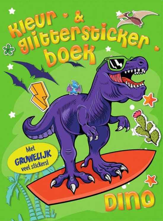 Dino kleur- en glittterstickerboek - 3-8 jaar - 24 pagina's