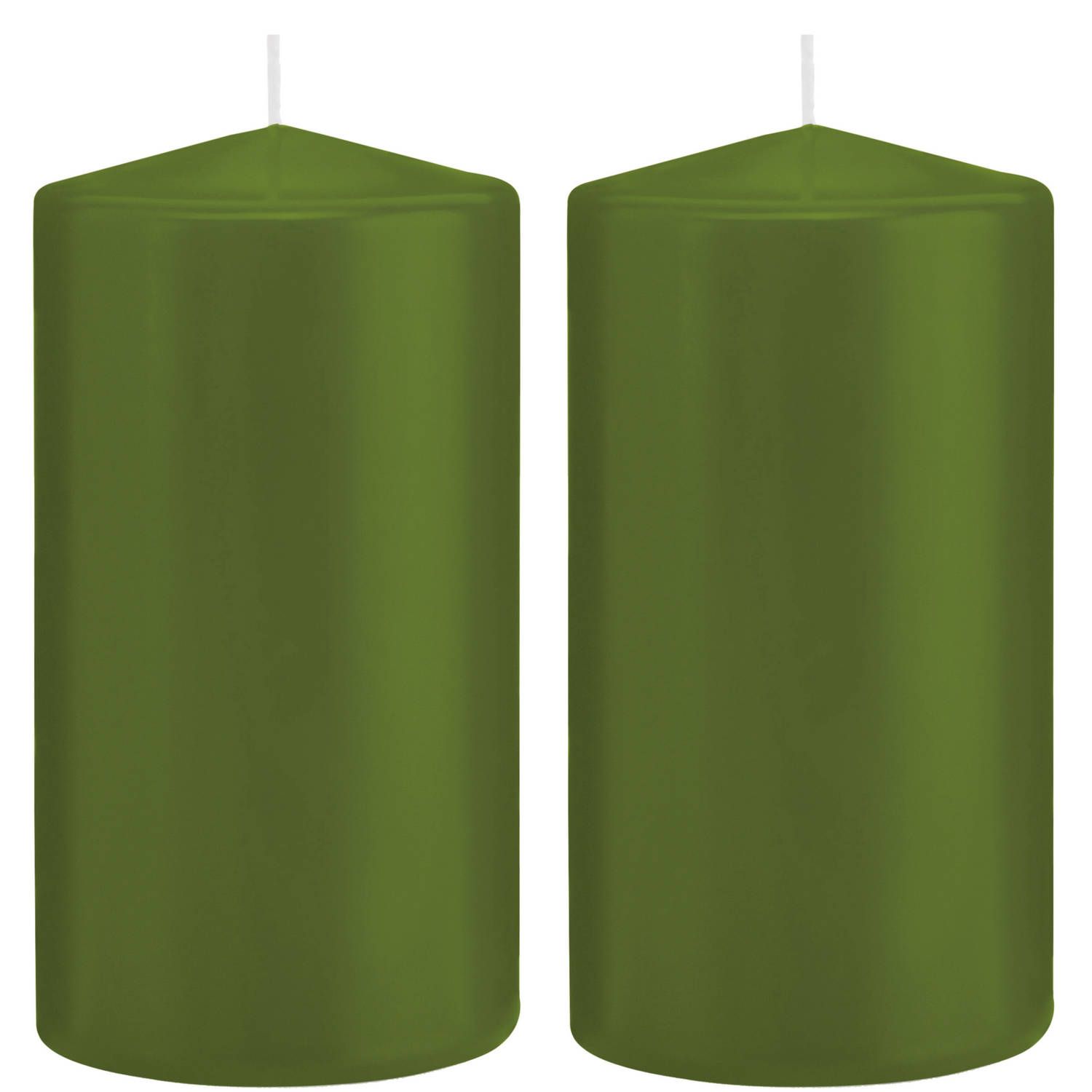 Trend Candles 2x Olijfgroene cilinderkaarsen/stompkaarsen 8 x 15 cm 69 branduren - Geurloze kaarsen olijf groen - Woondecoraties