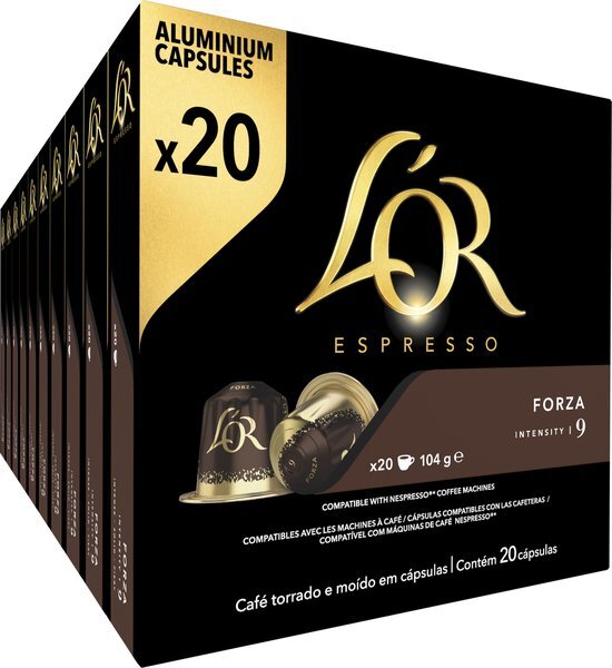 L’OR Espresso Koffiecups Forza (200 Espresso Koffie Capsules, Geschikt voor Nespresso* Koffiemachines, Intensiteit 09/12, 100% Arabica Koffie, UTZ Gecertificeerd), 10 x 20 Cups
