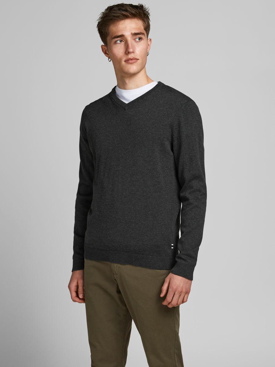 Jack & Jones JJEBASIC KNIT V-NECK NOOS Men's Sweater - Dark Grey Melange - XXL