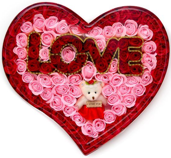 JT Products Kunstrozen Hartvormig - Rood/Roze - Inclusief Knuffel Love You