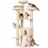 PawHut Krabpaal voor binnenkatten, 184 cm, met 3 krabpalen, beige