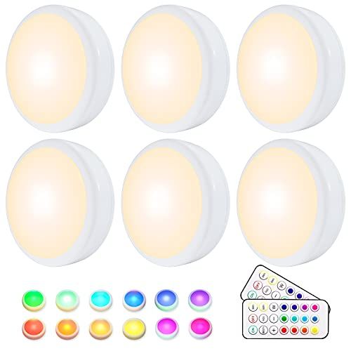 HELPLEX RGBW Onderbouwlampen, 6 RGBW draadloze kastverlichting, RGBW 16 kleuren, led-nachtlampje met afstandsbediening en timingfunctie, op batterijen werkende kastverlichting, dimbaar, traplicht